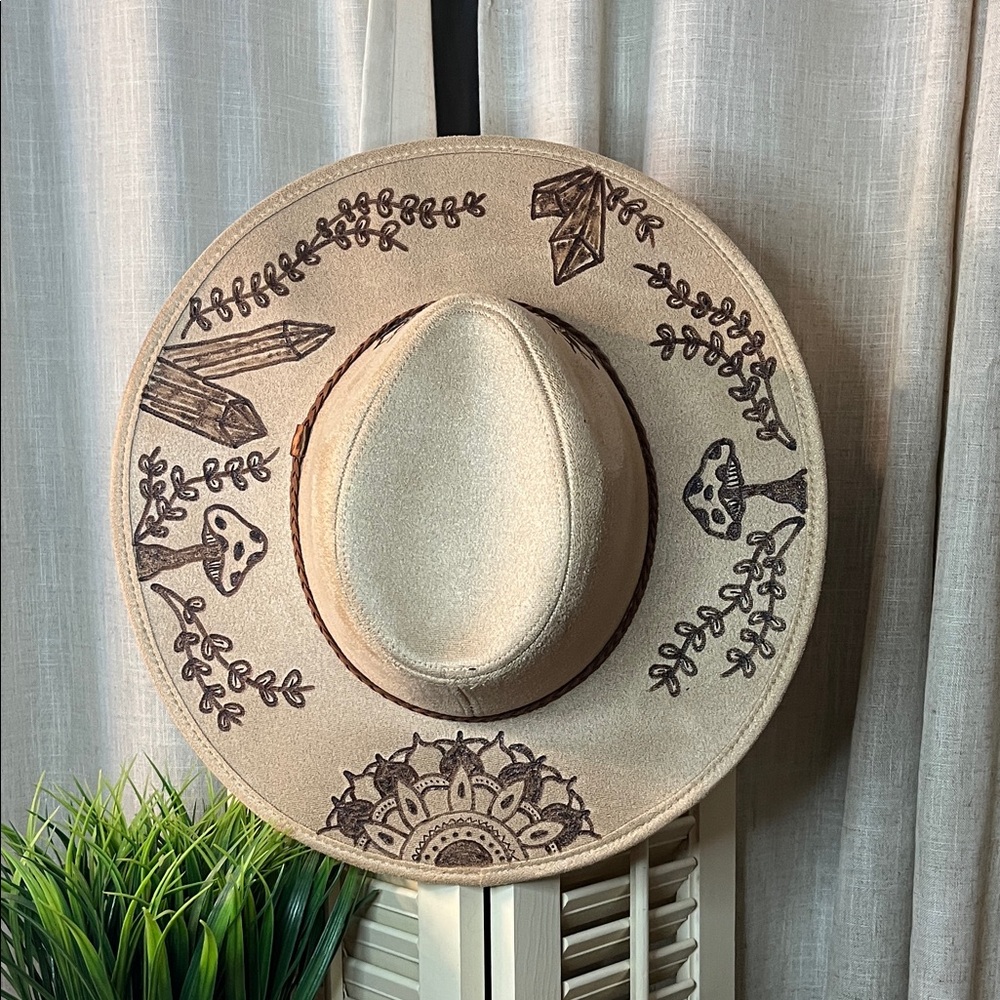 Boho Tan Wide Brim Hat with Black Designs